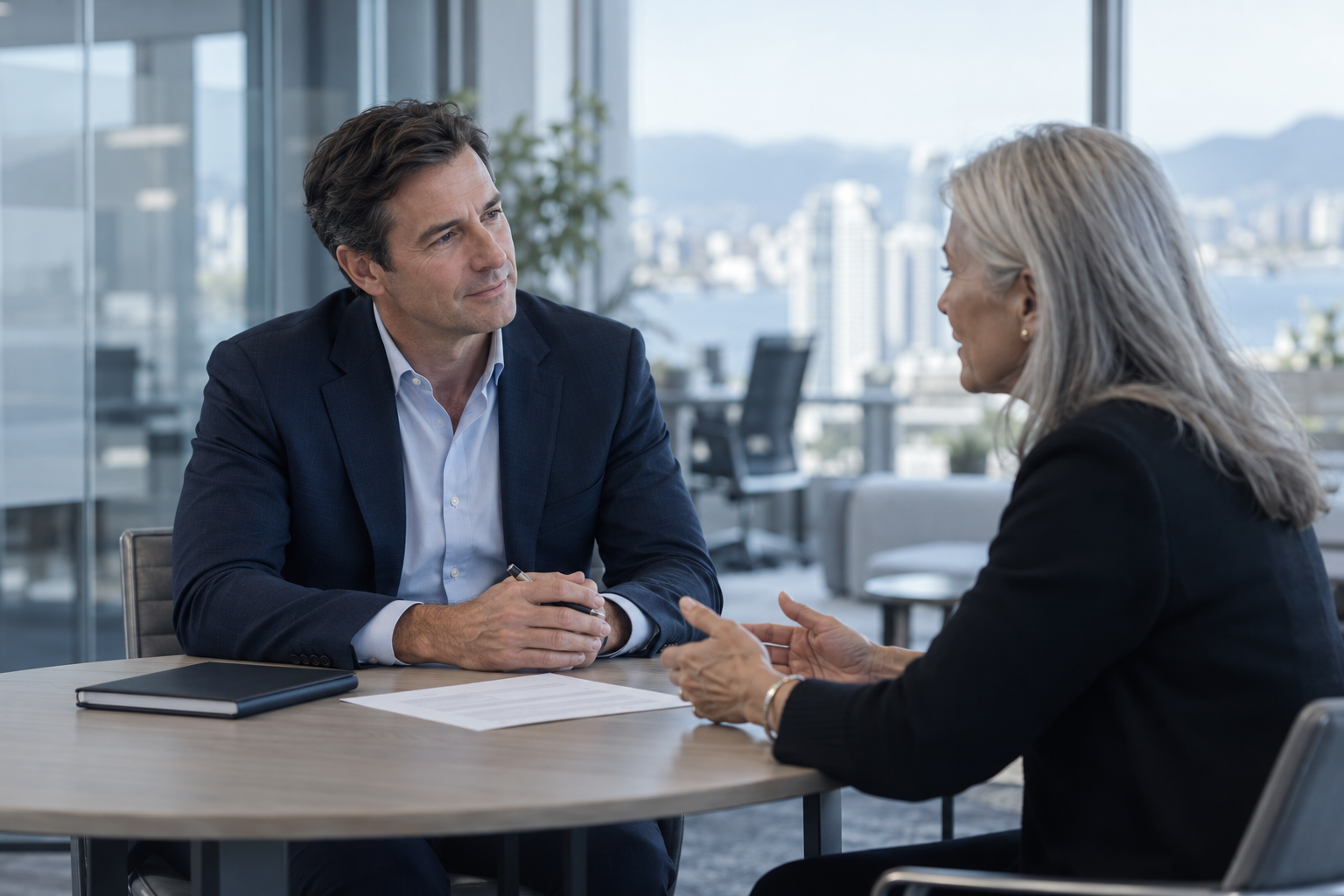 Investment professional listening to a client in a modern office